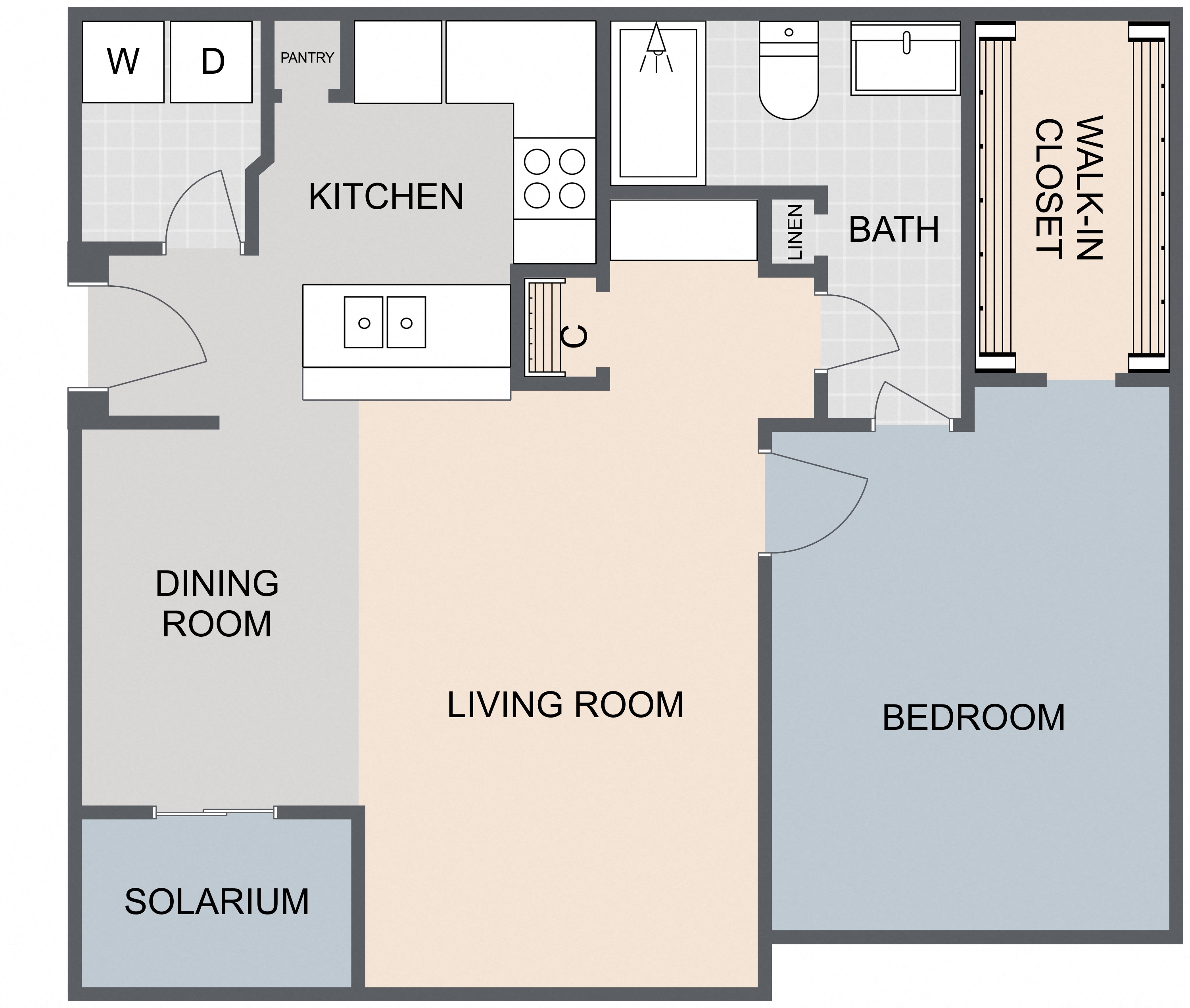 Floor plan for 1 bed, 1 bath, 796 sqft